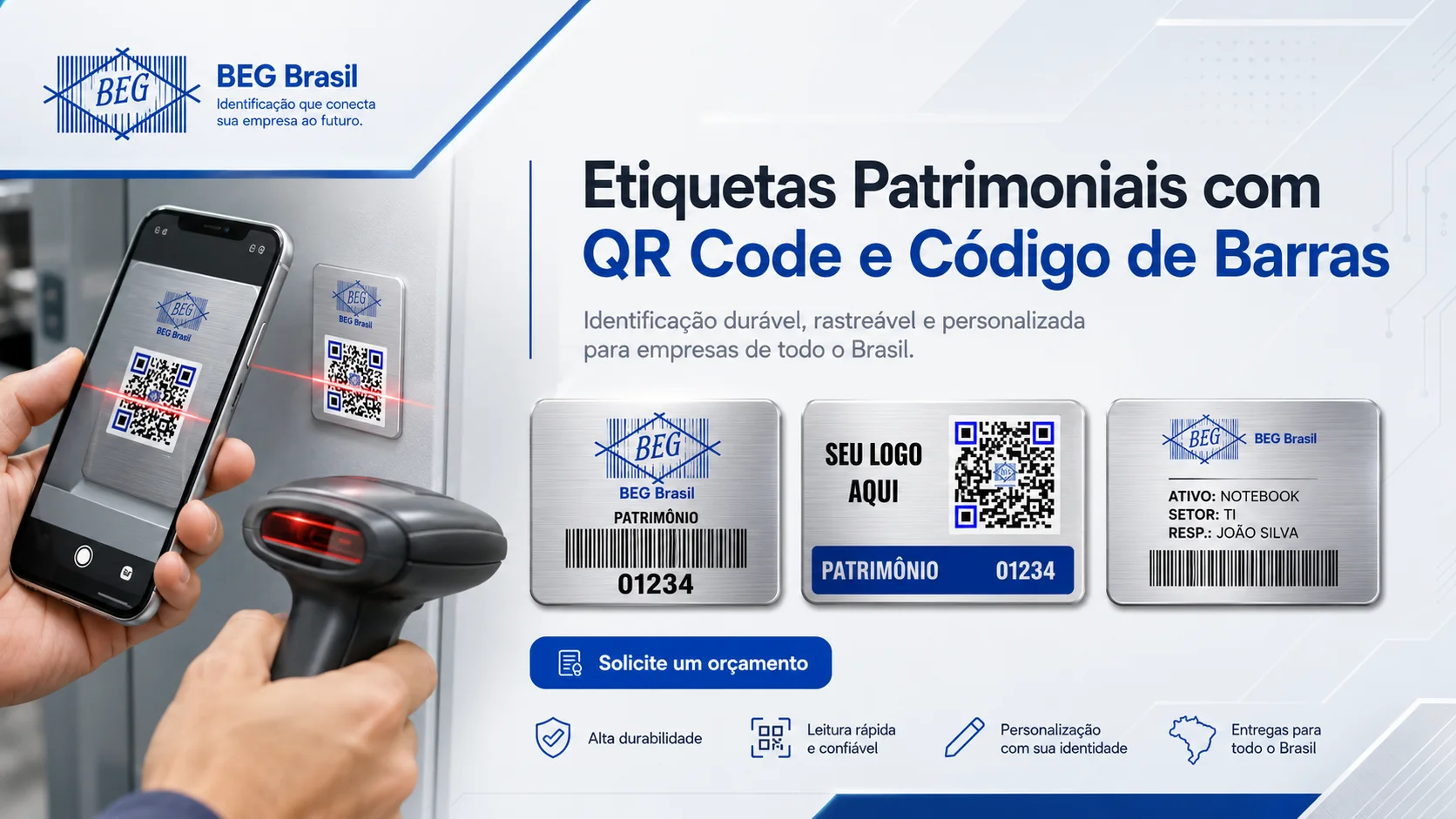 Etiquetas patrimoniais com QR Code e código de barras