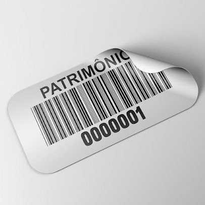 Etiqueta metálica de patrimônio com código de barras e numeração